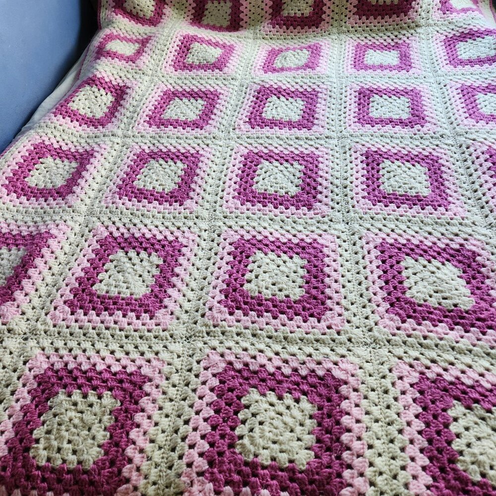 Granny Blanket Crochet Pink White Squares Color Hand Made 70 in x 58 in FastShip - Picture 2 of 8
